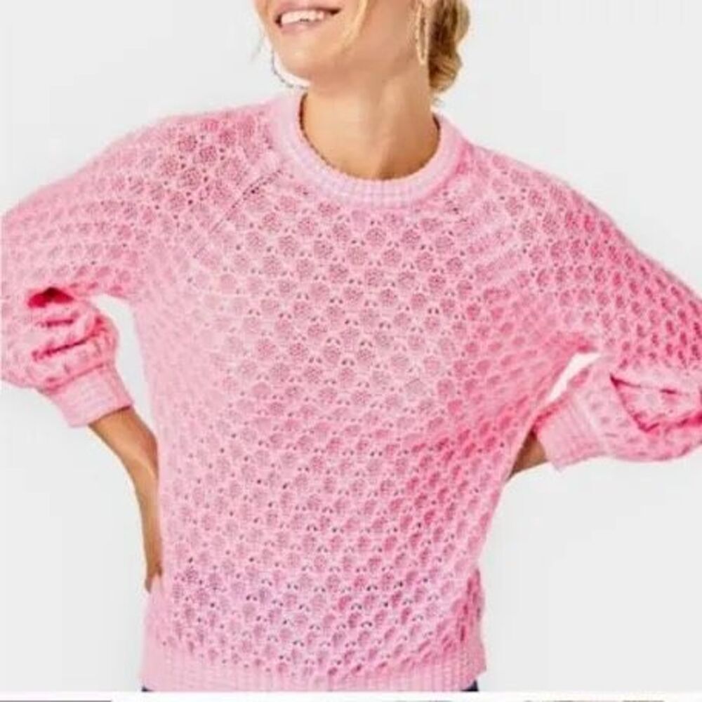 Lilly Pulitzer Pink Honeycomb Knit Sweater XS Balloon Sleeve Textured Crewneck C